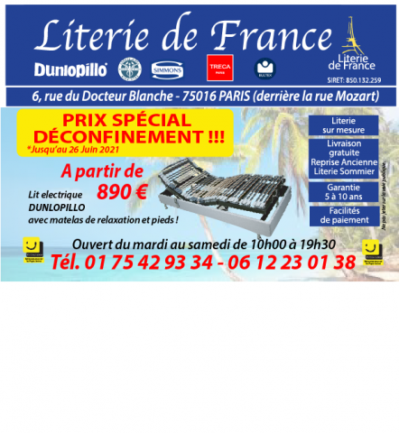 Magasin de literie proposant des lits électriques DUNLOPILLO avec son matelas électrique et son sommier à Paris 16ème